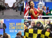 Images of 2021 clockwise from top left: King Street was empty for a specific reason this day, a triumphant Emma Raducanu (Getty Images), equally triumphant Hebburn Town fans and the Prime Minister's ill-fated speech in South Shields.
