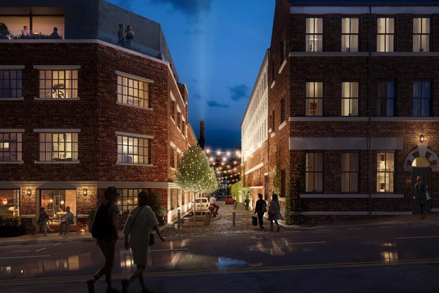 Egerton Lane is shown here at night. Capital & Centric says Mesters' Village will be constantly 'buzzing' with co-working spaces, café bars and delis.