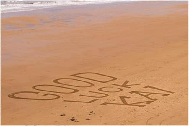 A giant good luck message has been written in the sand at Roker beach in Sunderland for South Shields teenager Kai Heslop who will have his leg amputated on May 11.