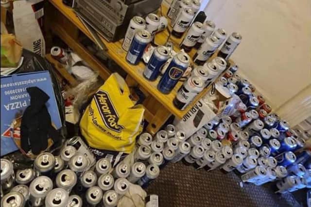 Disgusting mess: The tenant of a the three bedroom house in Hebburn used lager cans as his loo after the toilet broke.