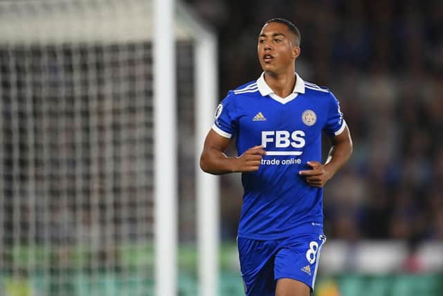 Youri Tielemans of Leicester in action during the Premier League match between Leicester City and Manchester United at The King Power Stadium on September 01, 2022 in Leicester, England. (Photo by Michael Regan/Getty Images)