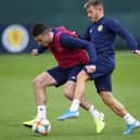 EDINBURGH, SCOTLAND - OCTOBER 07: John McGinn and Ryan Fraser are seen during a training session at Oriam on October 07, 2019 in Edinburgh, Scotland. (Photo by Ian MacNicol/Getty Images)