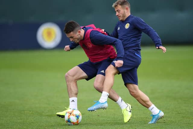 EDINBURGH, SCOTLAND - OCTOBER 07: John McGinn and Ryan Fraser are seen during a training session at Oriam on October 07, 2019 in Edinburgh, Scotland. (Photo by Ian MacNicol/Getty Images)