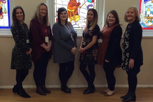 Early Years teaching staff (left to right) Anne Marie McQuillin, Lynda Brannock, Rachel Wood, Kayleigh McLaren and Emma Buck, alongside headteacher Moya Rooney (far right).
