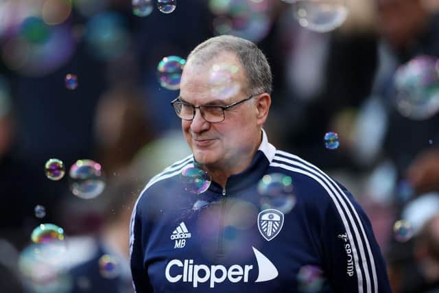 Marcelo Bielsa, Manager of Leeds United walks out prior to the Premier League match between West Ham United and Leeds United at London Stadium on January 16, 2022 in London, England. (Photo by Alex Pantling/Getty Images)