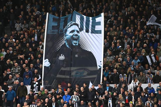 NEWCASTLE UPON TYNE, ENGLAND - OCTOBER 29: A flag in the Gallowgate in honour of Head Coach Eddie Howe during the Premier League match between Newcastle United and Aston Villa at St. James Park on October 29, 2022 in Newcastle upon Tyne, England. (Photo by Stu Forster/Getty Images)