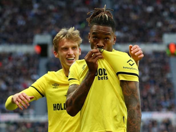 Ivan Toney of Brentford celebrates after scoring their team's first goal during the Premier League match between Newcastle United and Brentford at St. James Park (Photo by Alex Livesey/Getty Images)