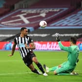 Lukasz Fabianski of West Ham United saves from Callum Wilson of Newcastle United during the Premier League match between West Ham United and Newcastle United at London Stadium on September 12, 2020 in London, England.
