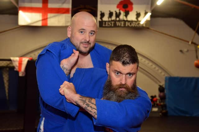 Sunderland Red Star Sambo Wrestling Club win GB competition. From left Mark Stuck with owner and coach Barry Gibson.