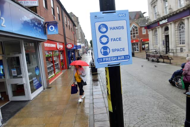 Covid warning signage in King Street, South Shields town centre.