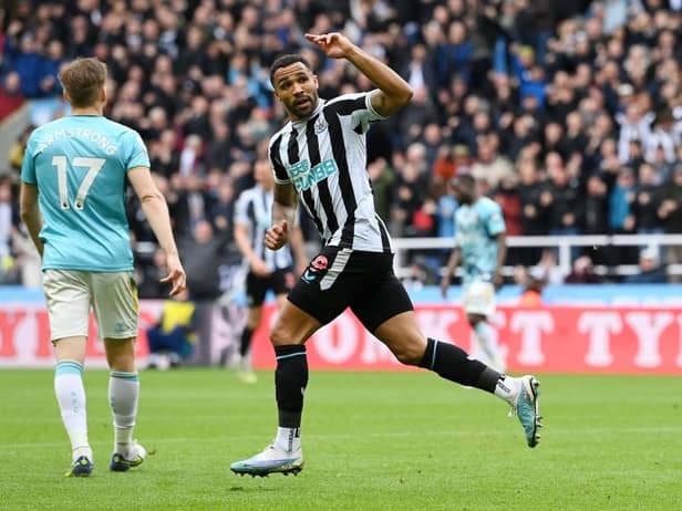 Callum Wilson of Newcastle United celebrates after scoring the team's first goal during the Premier League match between Newcastle United and Southampton FC at St. James Park on April 30, 2023 in Newcastle upon Tyne, England. (Photo by Stu Forster/Getty Images)