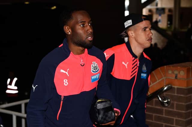 Vurnon Anita and Gabriel Obertan of Newcastle United arrive for the Barclays Premier League match between Newcastle United and Swansea City at St James' Park on April 16, 2016 in Newcastle, England.