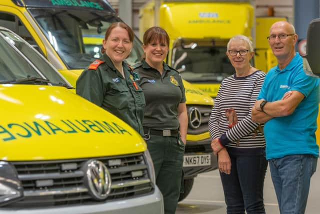 NEAS paramedic Rachael Hewitt and clinical care assistant Emma Newton with Paul and Alyson Durham.