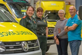 NEAS paramedic Rachael Hewitt and clinical care assistant Emma Newton with Paul and Alyson Durham.