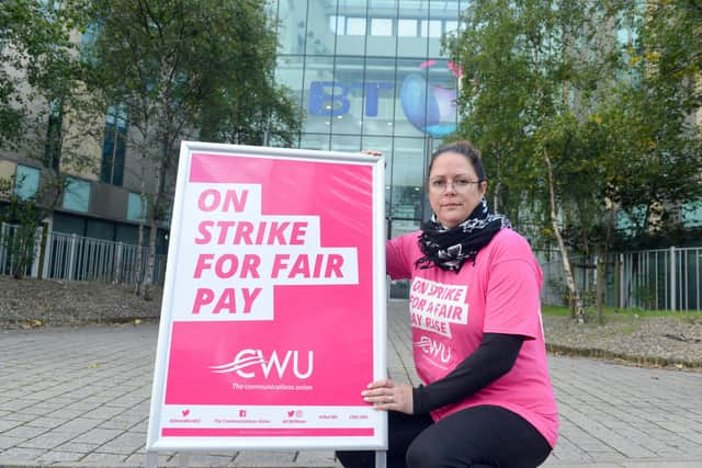 BT- Harton Quay staff and CWU officials picket line. CWU NE regional chair Joanne Shaftoe.