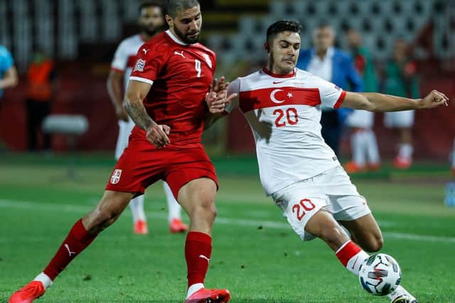 BELGRADE, SERBIA - SEPTEMBER 06: Ozan Kabak (R) of Turkey in action against Aleksandar Mitrovic (R) of Serbia in action during the UEFA Nations League group stage match between Serbia and Turkey at Rajko Mitic Stadium on September 6, 2020 in Belgrade, Serbia. (Photo by Srdjan Stevanovic/Getty Images)