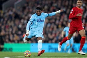 Allan Saint-Maximin of Newcastle United shoots during the Premier League match between Liverpool and Newcastle United at Anfield on December 16, 2021 in Liverpool, England. (Photo by Clive Brunskill/Getty Images)