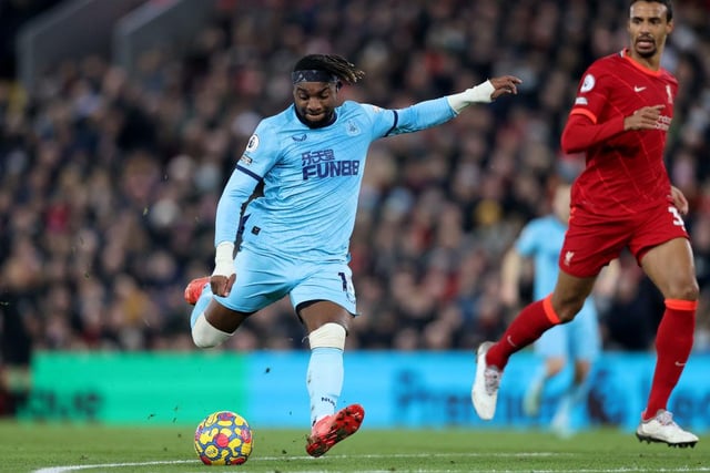 Allan Saint-Maximin of Newcastle United shoots during the Premier League match between Liverpool and Newcastle United at Anfield on December 16, 2021 in Liverpool, England. (Photo by Clive Brunskill/Getty Images)