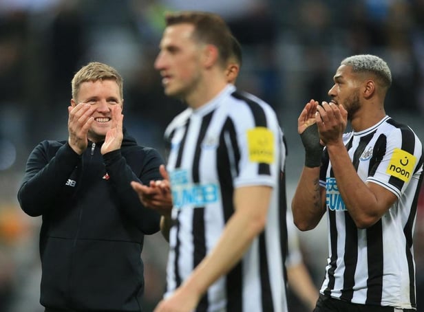 Newcastle United's English head coach Eddie Howe (L) applauds supporters on the pitch after the English Premier League football match between Newcastle United and Aston Villa at St James' Park in Newcastle-upon-Tyne, north east England on October 29, 2022. (Photo by LINDSEY PARNABY/AFP via Getty Images)