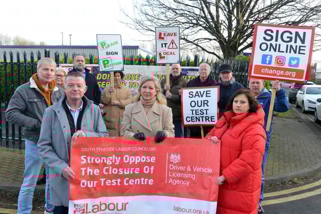 Councillors and driving instructors gather outside the closed South Tyneside driving test centre demanding it is reopened..