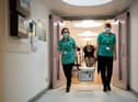 Pharmacists transport a cooler containing the Moderna vaccine, at the West Wales General Hospital in Carmarthen, the third vaccine to be approved for use in the UK, which is to be given to patients in Wales from Wednesday, April 7.