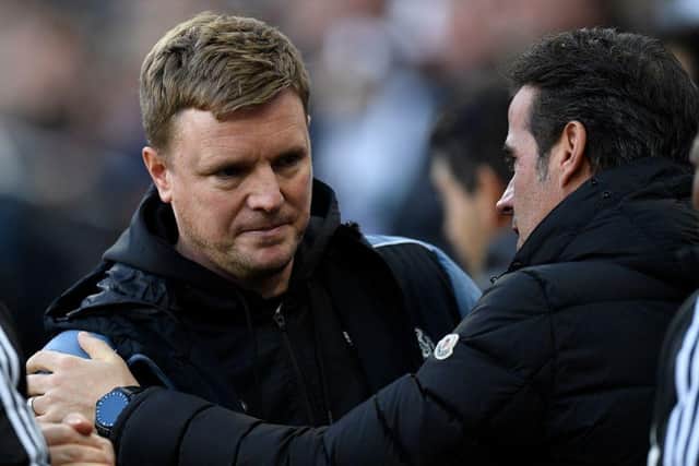 Newcastle United head coach Eddie Howe greets Fulham head coach Marco Silva.