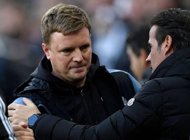 Newcastle United head coach Eddie Howe greets Fulham head coach Marco Silva.