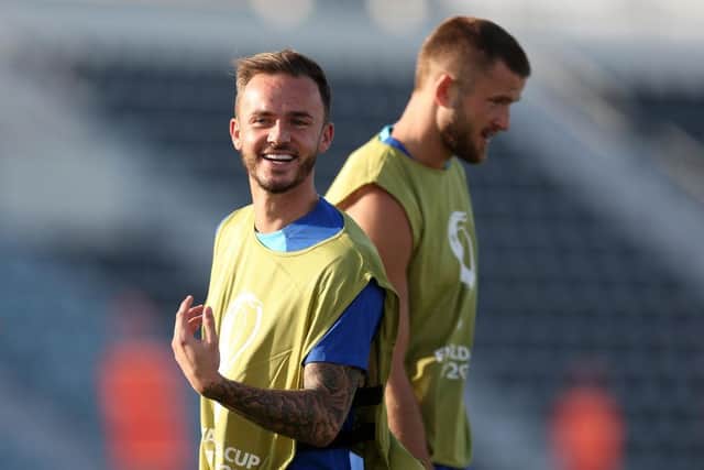 James Maddison of England reacts during the England Training Session on match day -1 at Al Wakrah Stadium on November 28, 2022 in Doha, Qatar. (Photo by Alex Pantling/Getty Images)