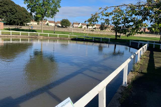Whitburn Pond looking resplendent in the autumn sunshine.
