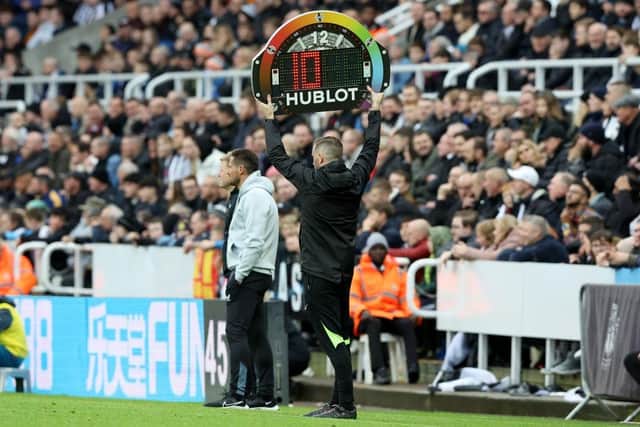 A detailed view of the Rainbow Laces substitution board during the Premier League match between Newcastle United and Aston Villa at St. James Park on October 29, 2022 in Newcastle upon Tyne, England. (Photo by Nigel Roddis/Getty Images)