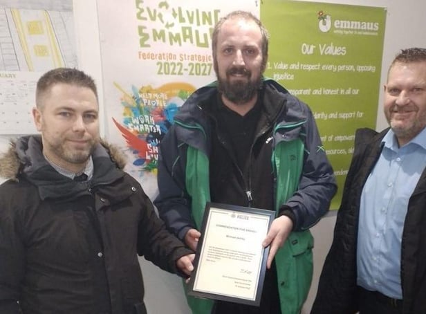 Michael Ashby (centre) receiving commendation from Northumbria Police.
