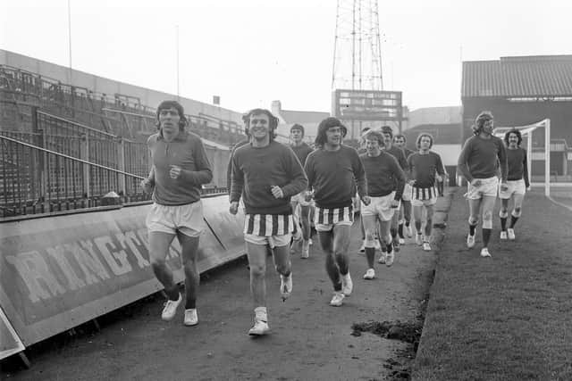 The Sunderland team in a training session before the FA Cup third round tie with Notts County, 50 years ago this month.