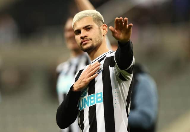 Bruno Guimaraes of Newcastle United acknowledges the fans following the Premier League match between Newcastle United and Wolverhampton Wanderers at St. James Park on March 12, 2023 in Newcastle upon Tyne, England. (Photo by Naomi Baker/Getty Images)