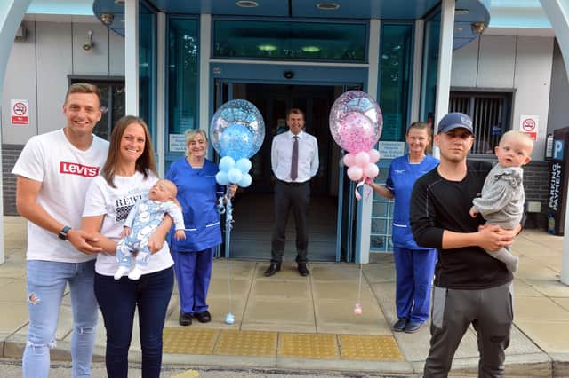 Baby 200th born Lyle Cresswell with parents Claire and Lee and midwife Liz Di-Duca Dad, CE Ken Bremner and Jack Bickley with daughter Mia who was the first baby born at South Tyneside Midwifery-Led Birthing Centre as the centre celebrates the first anniversary with midwife Michelle Becke