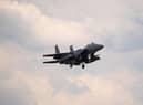 An F15 fighter jet landing at RAF Lakenheath, Suffolk, after an American fighter jet crashed into the North Sea while on a training exercise off the north-east coast of England.