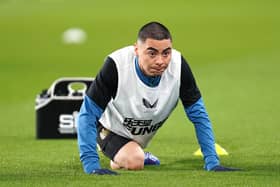 Newcastle United's Miguel Almiron warming up prior to kick-off before the Premier League match at the Amex Stadium.