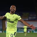 Newcastle United's English striker Callum Wilson celebrates scoring their third goal during the English Premier League football match between Leicester City and Newcastle United at King Power Stadium in Leicester, central England on May 7, 2021.