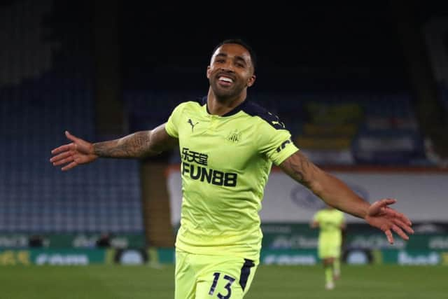 Newcastle United's English striker Callum Wilson celebrates scoring their third goal during the English Premier League football match between Leicester City and Newcastle United at King Power Stadium in Leicester, central England on May 7, 2021.