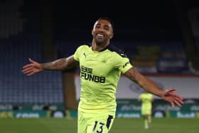 Newcastle United's English striker Callum Wilson celebrates scoring their third goal during the English Premier League football match between Leicester City and Newcastle United at King Power Stadium in Leicester, central England on May 7, 2021.