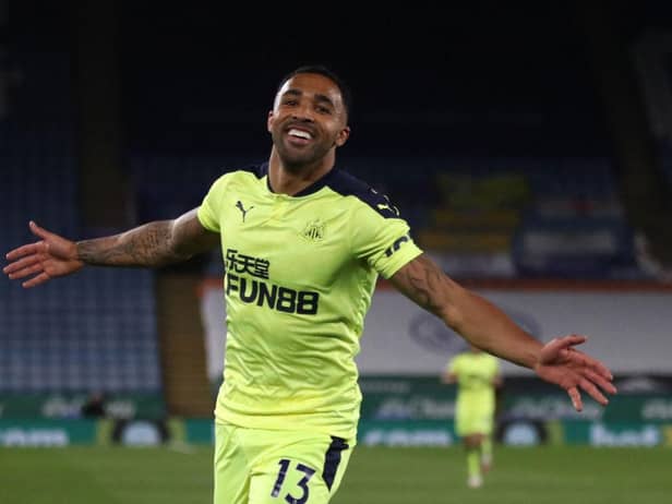 Newcastle United's English striker Callum Wilson celebrates scoring their third goal during the English Premier League football match between Leicester City and Newcastle United at King Power Stadium in Leicester, central England on May 7, 2021.