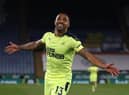 Newcastle United's English striker Callum Wilson celebrates scoring their third goal during the English Premier League football match between Leicester City and Newcastle United at King Power Stadium in Leicester, central England on May 7, 2021.