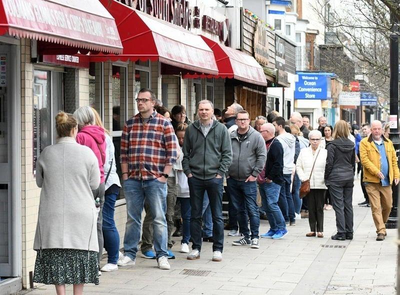 Getting fish and chips on Good Friday is a tradition in South Shields - here are people queuing outside of Colman's on Ocean Road.