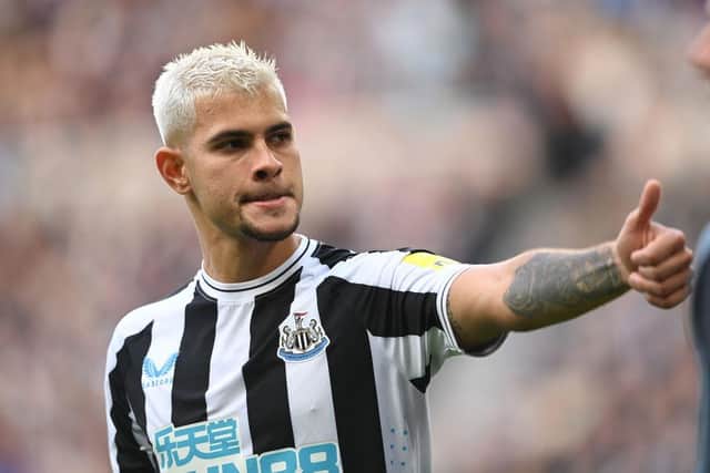 Newcastle player Bruno Guimaraes reacts during the Premier League match between Newcastle United and Brentford FC at St. James Park on October 08, 2022 in Newcastle upon Tyne, England. (Photo by Stu Forster/Getty Images)