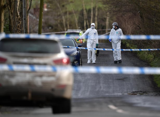 <p>OMAGH, NORTHERN IRELAND - FEBRUARY 23: Police and forensics are seen at the scene of last nights shooting of a high profile PSNI officer at the Youth Sports Centre on February 22, 2023 in Omagh, Northern Ireland. (Photo by Charles McQuillan/Getty Images)</p>