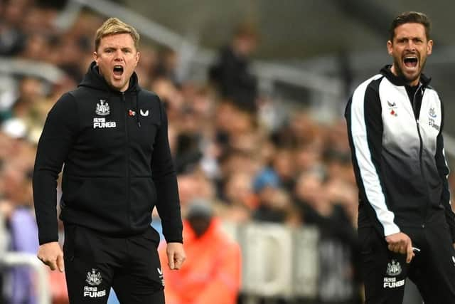 Newcastle United Head Coach Eddie Howe and assistant Jason Tindall react on the touchline during the Carabao Cup Third Round match between Newcastle United and Crystal Palace at St James' Park on November 09, 2022 in Newcastle upon Tyne, England. (Photo by Stu Forster/Getty Images)