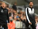 Newcastle United Head Coach Eddie Howe and assistant Jason Tindall react on the touchline during the Carabao Cup Third Round match between Newcastle United and Crystal Palace at St James' Park on November 09, 2022 in Newcastle upon Tyne, England. (Photo by Stu Forster/Getty Images)