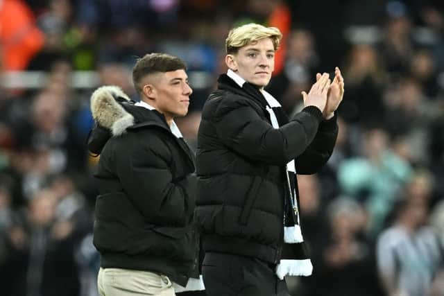 New signings Harrison Ashby and Anthony Gordon were introduced to Newcastle United fans ahead of their match with Southampton (Photo by PAUL ELLIS/AFP via Getty Images)