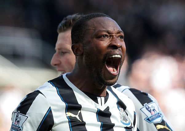 Newcastle's Nigerian striker Shola Ameobi celebrates after scoring his team's first goal during the English Premier League football match between Newcastle United and Swansea City at St James' Park in Newcastle, northeast England on April 19, 2014. AFP PHOTO / LINDSEY PARNABY