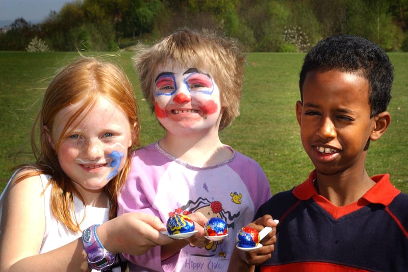 Netherthorpe and Upperthorpe young people's platform (NUYPP) held an 'eggstravaganza' during their Easter 2003 playscheme at the Ponderosa, Crookes Valley. Ready for the egg and spoon race are, left to right, Liah Edwardes, 9 Joy, aged 6, and Hamse Jama, aged 11