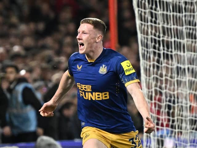 Newcastle United midfielder Elliot Anderson celebrates after scoring a goal at the City Ground which was later disallowed.